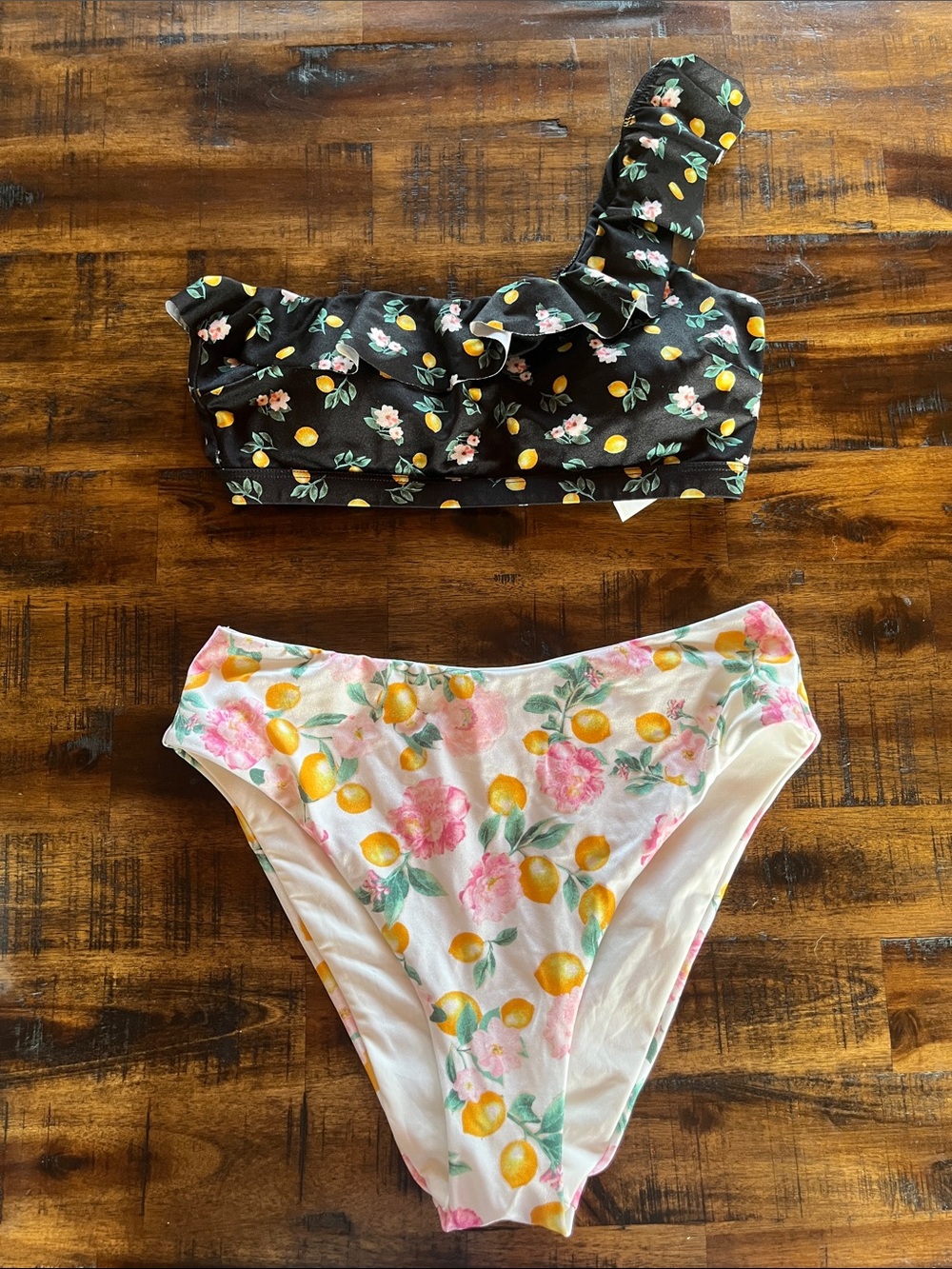 Two-Piece Lemon Floral Swim Set - Black & White